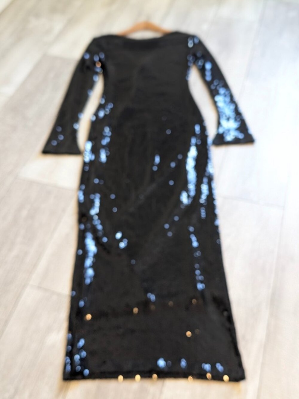 Black Sequin Gown Formal Open Back Long Sleeve Maxi Dress Slit XS Custom NWOT - Picture 8 of 16